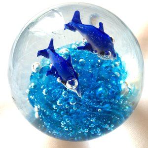 * Art Glass Bandon Oregon Paperweight Blue Fish Coral Reef